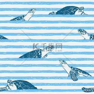 无缝模式-蓝色条纹纹理。海龟在大海中