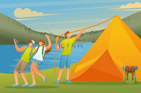 矢量字符背景图片_年轻人积极地在森林里度假，在湖上搭起了帐篷。 矢量图解。 平面2d字符