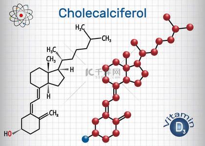 化学公式背景图片_胆钙化醇，维生素D3分子。结构化学公式和分子模型。笼子里的纸