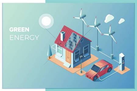电动车详情页背景图片_传输太阳能和风能供家庭使用。太阳能电池板和风力涡轮机为智能家居和电动汽车提供电力.