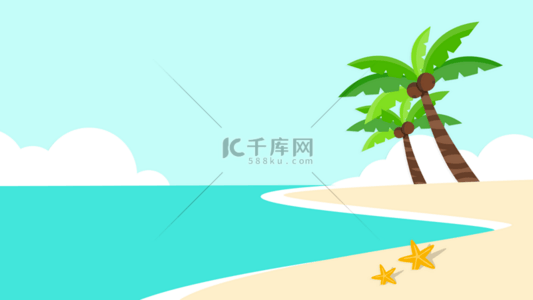 卡通夏季海边背景图片_蓝色卡通椰子树海边电脑壁纸