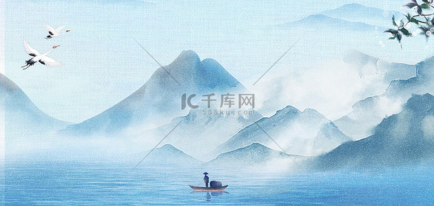 中鹤背景图片_霜降山水船只中国风背景