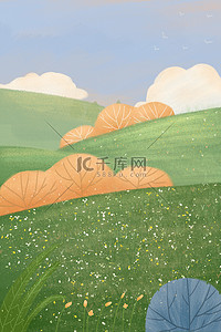 秋季植物蓝天白云草丛树丛广告背景