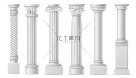 真实柱古典古色古香的白柱罗马历史的石碑大理石柱古希腊建筑柱廊矢量隔离元素集真实柱经典的古董白色柱子罗马历史石碑大理石药丸