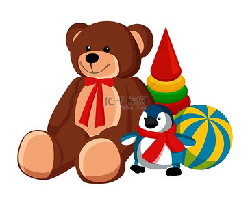 带丝带的泰迪熊和戴着围巾的企鹅、带条纹的圆锥和球、圣诞老人工厂为儿童矢量图生产的玩具。