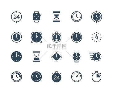 时钟黑色图标带有秒表闹钟手表和沙漏的时间和日历信息图形符号矢量简单隔离符号时间管理集时钟黑色图标带有秒表闹钟手表和沙漏的时间和日历信息图形符号
