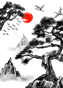 水墨樱花矢量图背景图片_松树水墨装饰日出飞鸟背景