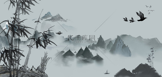 中国风山水灰色水墨背景