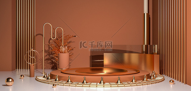 烫金底色背景图片_C4D几何体暖色系3D立体空间