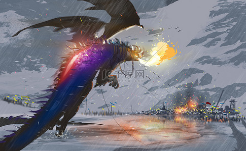 数码插图绘画的设计风格是一条巨龙在雪地上飞舞，在雪山的映衬下，用自己的火焰摧毁了一座城市. 