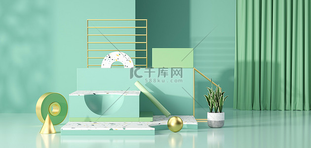 几何底座展台c4d背景图片_展台几何立体绿色c4d