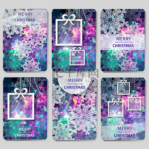 Set of 6 Colorful Merry Christmas and Happy New Year polygonal background with snowflakes