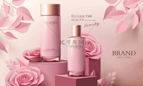 护肤品喷雾瓶广告与粉红色的纸花列在3d 插图