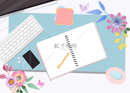 办公女性背景图片_简单的花卉电脑工作台背景