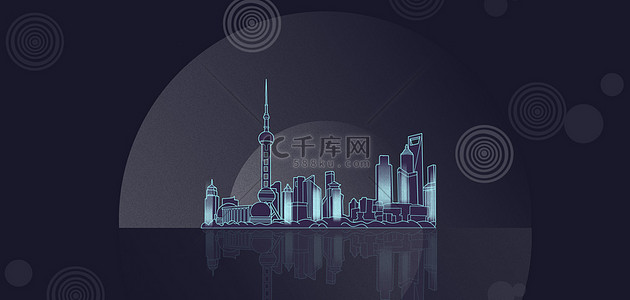 建筑城市标志背景图片_上海地标东方明珠蓝色简约扁平城市建筑