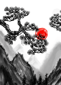 园林水墨画背景图片_松树红色日出山峰水墨背景