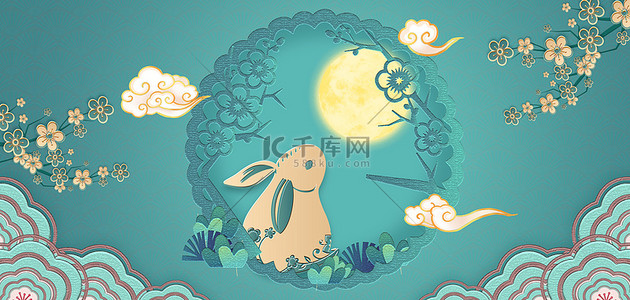 绿色月亮背景图片_兔年绿色中国风海报背景