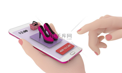 应聘申请表背景图片_申请网上订购女鞋的概念。妇女的手拿着装有虚拟商店的手机。3D渲染