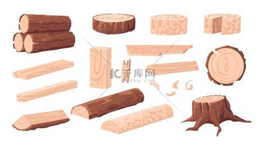 卡通木材木质材料森林树干和原木有棕色树皮的树枝独立的木板和树桩用于木工的橡木或松木天然建筑板矢量锯木厂产品集卡通木材木质材料森林树干和