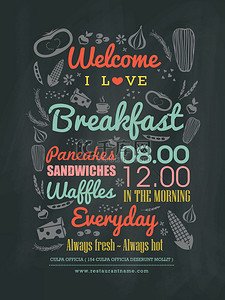 早餐店背景图片_在黑板上的早餐咖啡厅菜单设计排版