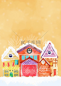 冬天雪景城堡背景图片_橙色圣诞节温暖小镇背景