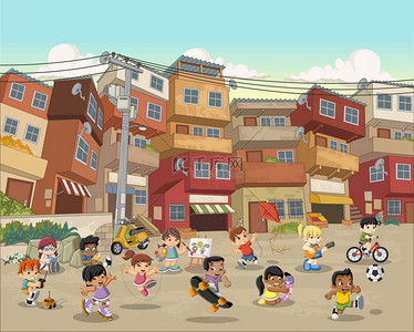 萌娃玩具课背景图片_街的贫民区与卡通儿童玩。体育和玩具。贫民窟。贫民窟.