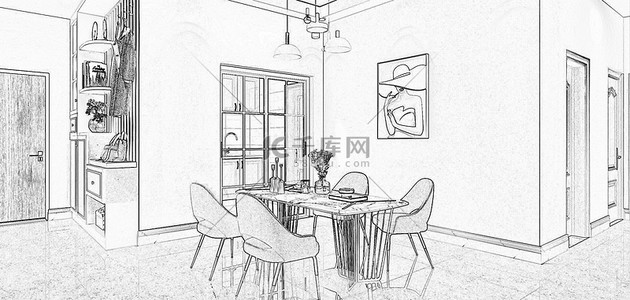 装修效果室内餐厅黑白线稿背景