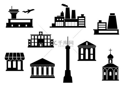 城市建筑图标集-机场、电视塔、工厂、工厂、寺庙、教堂、银行、摊位、剧院的建筑、工业和旅游设计。