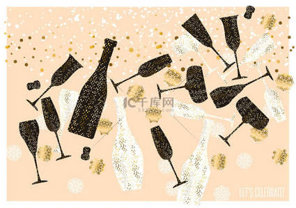 香槟酒瓶和眼镜的轮廓为冬季派对设计。冬季婚礼闪烁着葡萄病媒元素.圣诞和新年庆祝活动。圣诞晚会.