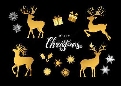 收藏金圣诞装饰设计元素。黑色背景下的鹿剪影, 雪花和礼品盒。金色的圣诞驯鹿。矢量平图.