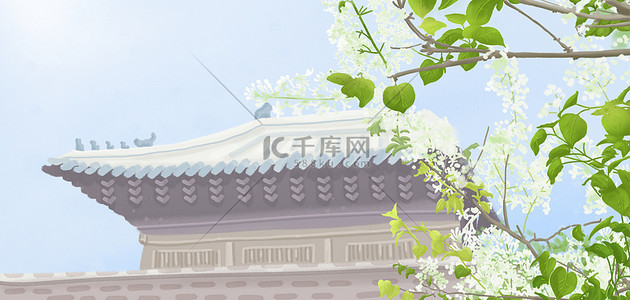 手绘城墙背景图片_春季背景白花建筑