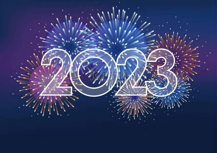 新年烟火背景背景图片_2023年标志和烟火与文字空间在黑暗的背景。庆祝新年的媒介图解.