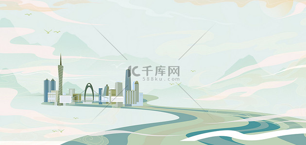 中国风祥云建筑背景图片_广州城市中式国潮