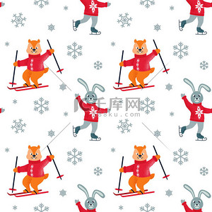 滑冰刀的小猪背景图片_冬季无缝的模式与滑冰野兔, 滑雪花栗鼠和雪花。圣诞设计。向量例证.