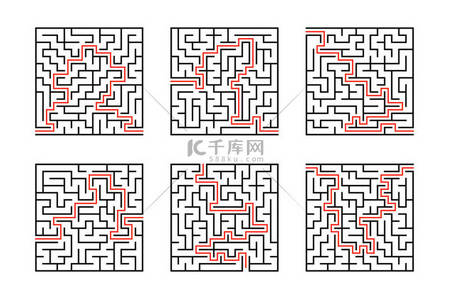 查找答案背景图片_一组方形的迷宫。孩子们的游戏。儿童拼图。迷宫难题。在白色背景查出的平的向量例证。有了答案.