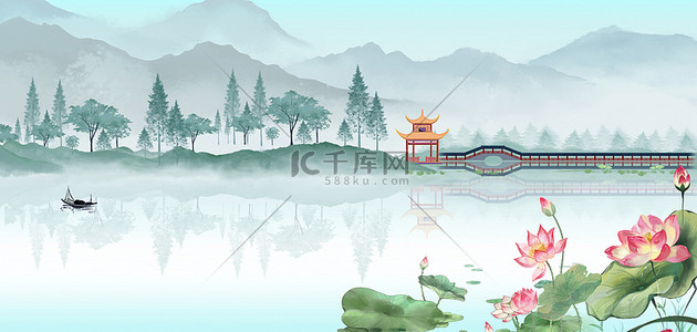 蓝色工笔画背景图片_山水画荷花蓝色中国风背景