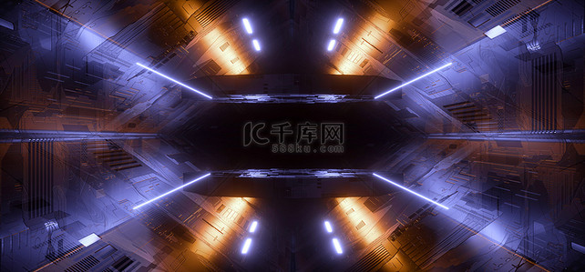 Neon Sci Fi Futuristic Cyber Orange Blue Glowing Stage Podium Showroom Empty Schematic Textured Tunnel Corridor Background Alien Spacship Cyberpunk Synthwave 3D Rendering Illustration