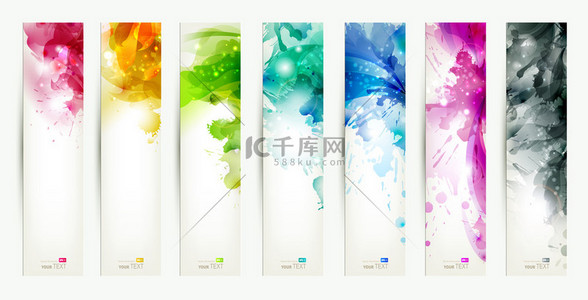 Set of seven varicolored banners, abstract headers with blots