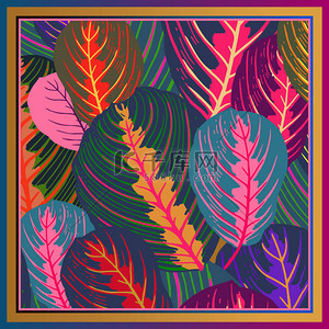 树叶。热带树的叶子。向量例证。花卉背景。夏天五颜六色的图案。设计围巾或枕头的模板。现代风格.