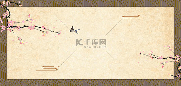 简约中式梅花花鸟褐色复古中国风边框背景