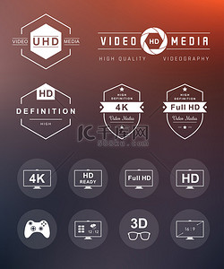 科技标签背景图片_设置图标和徽章的电视和视频
