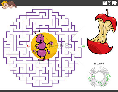 核心转化背景图片_蚂蚁和苹果核心儿童教育迷宫游戏的卡通画