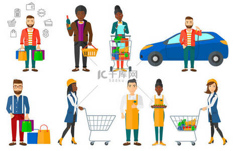 超市工作人员背景图片_向量组的购物人性格.