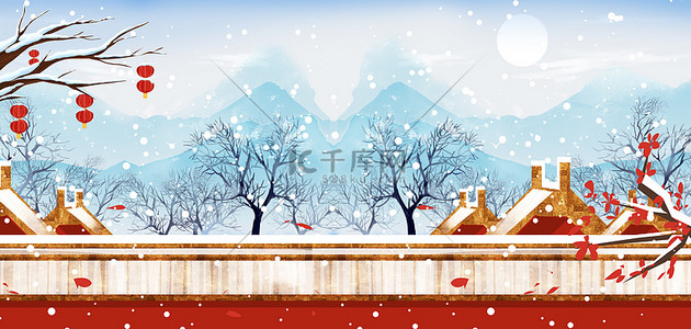 冬天古建筑背景图片_冬天大雪古建筑红色简约背景