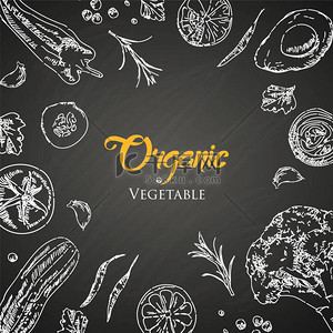 矢量黑板垂直背景与蔬菜和水果和文字的位置。素描涂鸦蔬菜和水果有机画插图