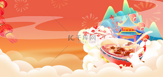 兔兔年背景图片_腊八腊八粥红色国潮风传统节日海报背景