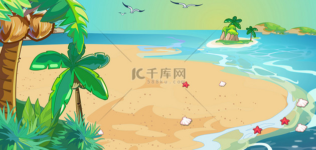 文艺夏季背景图片_夏天大海蓝色卡通夏季海报