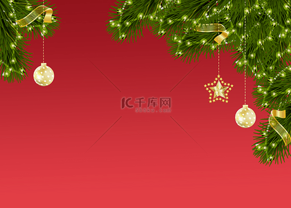 圣诞节框矢量背景图片_圣诞节装饰植物和灯带红色背景