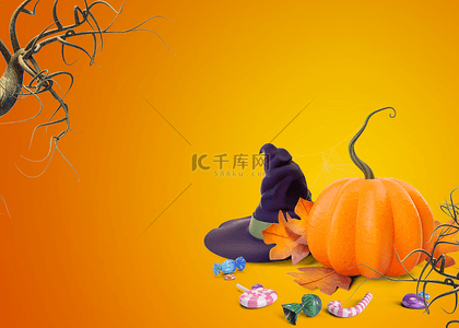 秋季水果蔬菜背景图片_万圣节金色南瓜帽子装饰背景