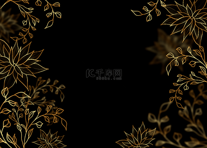 线稿叶子背景图片_黑色底纹树叶金色线稿植物背景